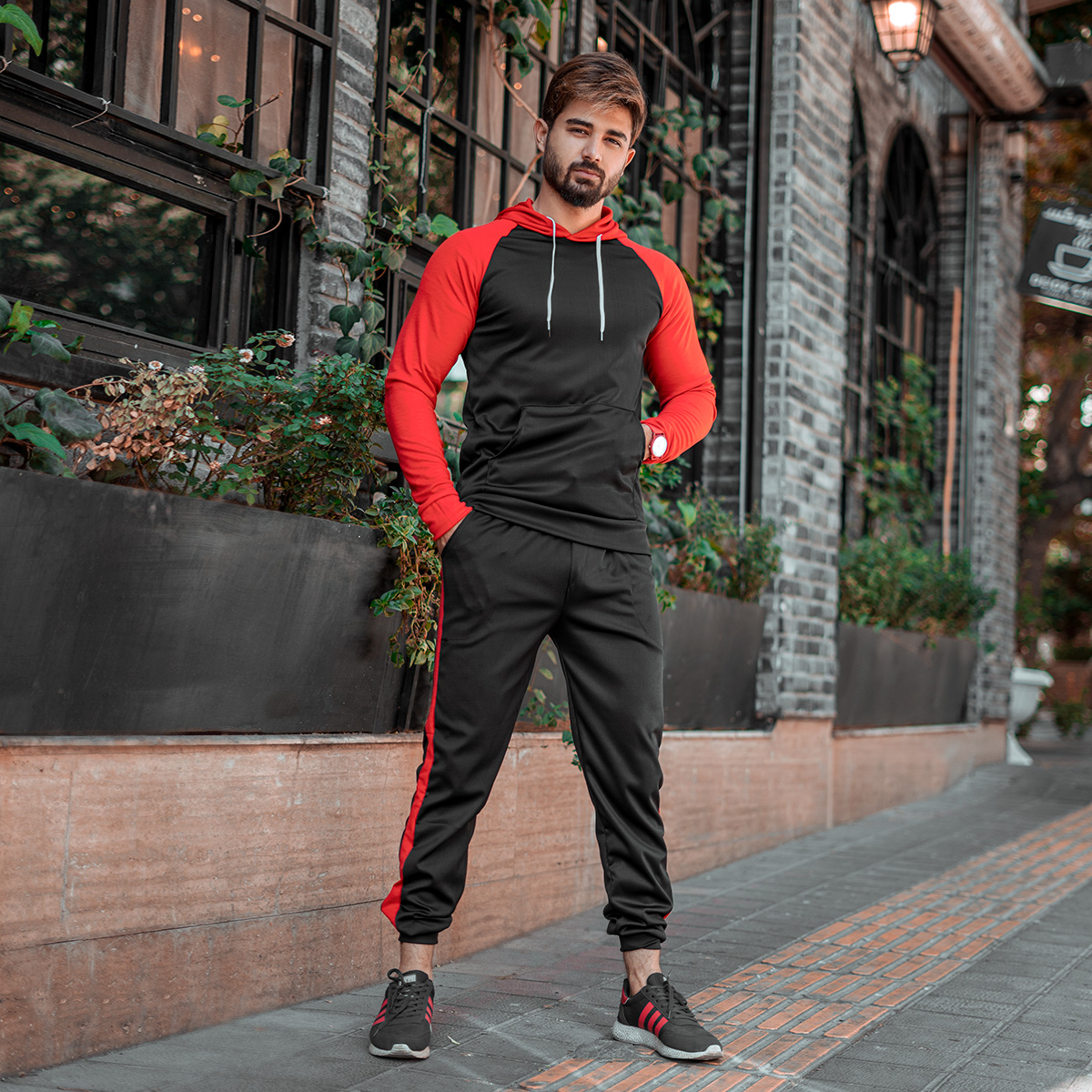 ست هودی شلوار مشکی قرمز مردانه مدلLemo