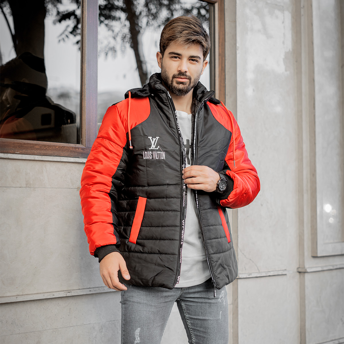 کاپشن مردانه مشکی قرمزمدل LV