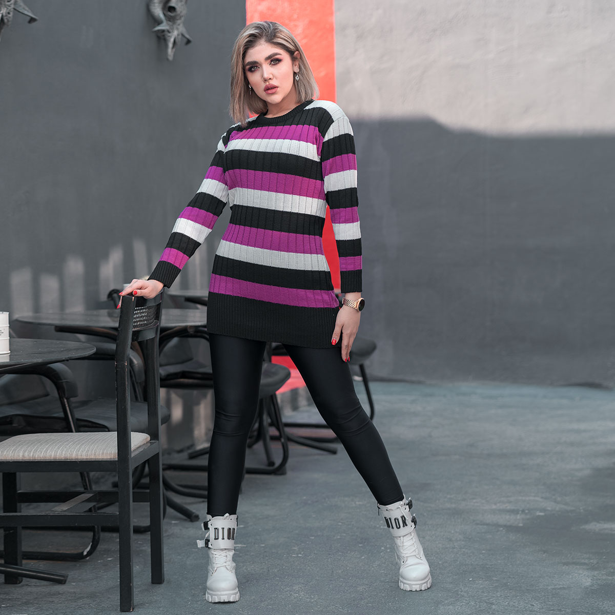 تونیک بافت زنانه راه راه بنفش مشکی مدل kareno