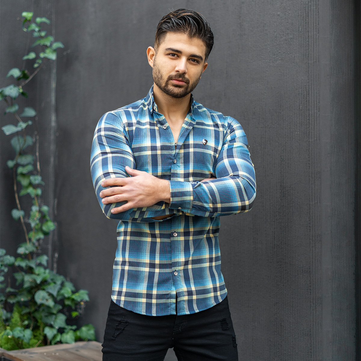 پیراهن چهارخونه زرد آبی مدل Roga