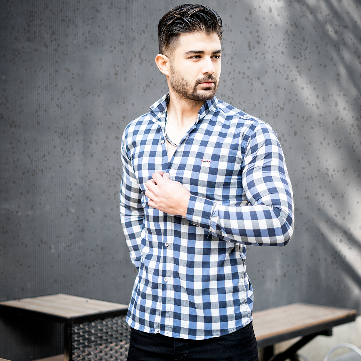پیراهن مردانه چهارخونه آبی سفید مدل mika