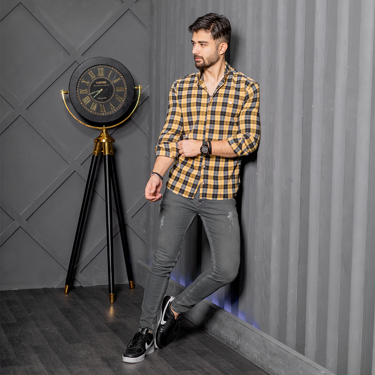 پیراهن چهارخونه مشکی زرد مدل Mahed