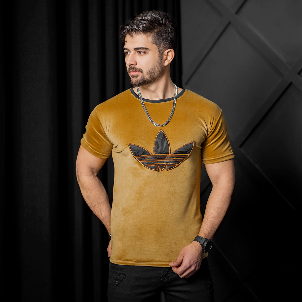 تیشرت مخملی خردلی Adidas مردانه مدلRasa