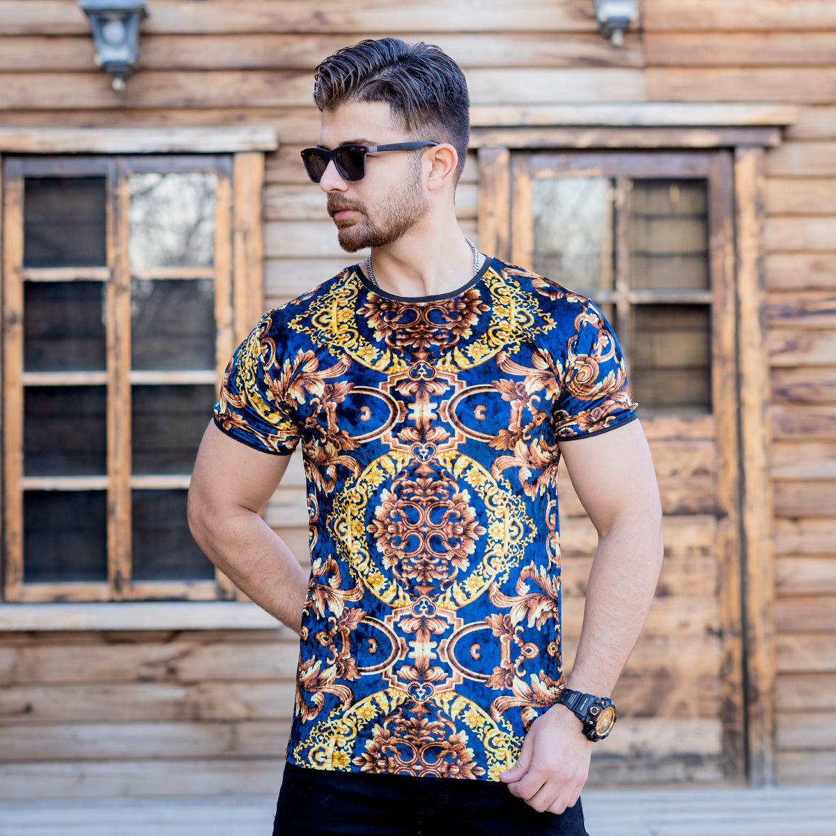 تیشرت مخمل آبی طرحدار مردانه مدل Avin