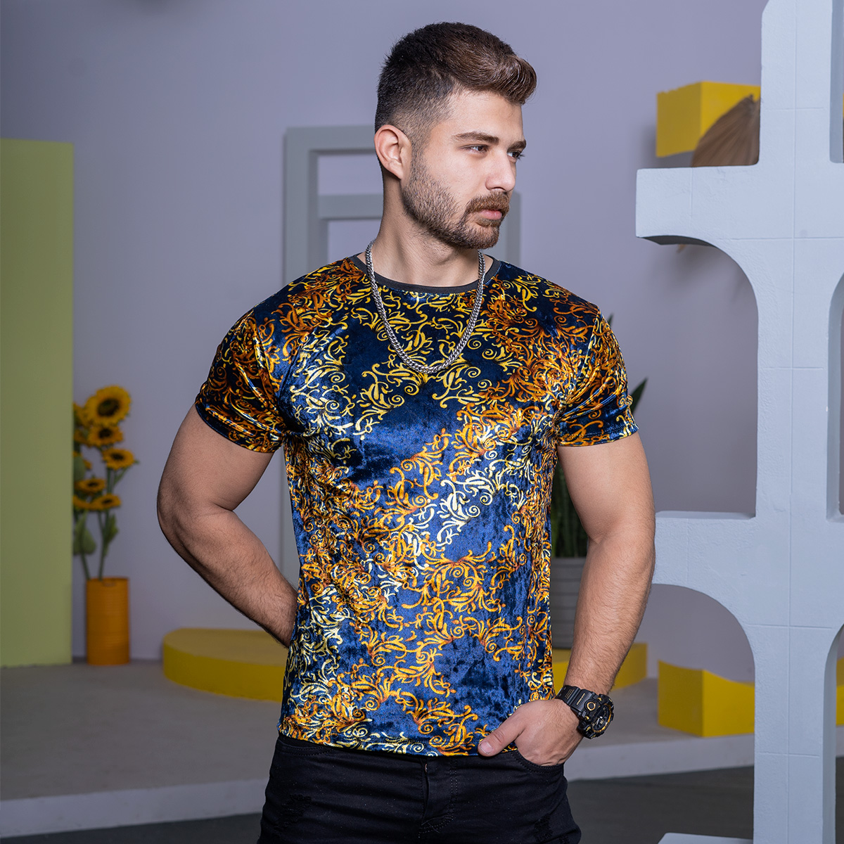 تیشرت مخمل مردانه سرمه ای مدل malek