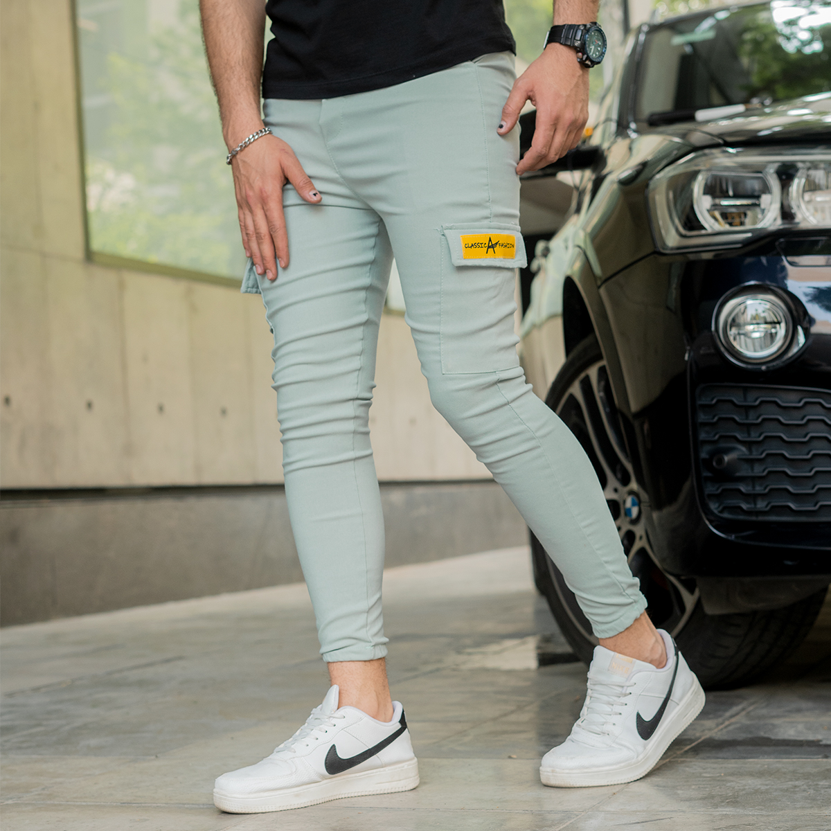 شلوار اسلش بنددار سبز کمرنگ چهارجیب مدل 68