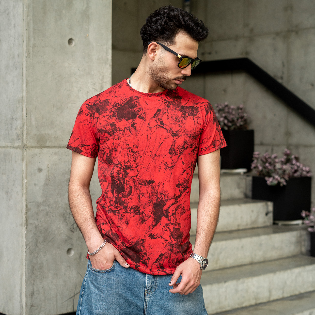 تیشرت مردانه قرمز آبرنگی مدل 61
