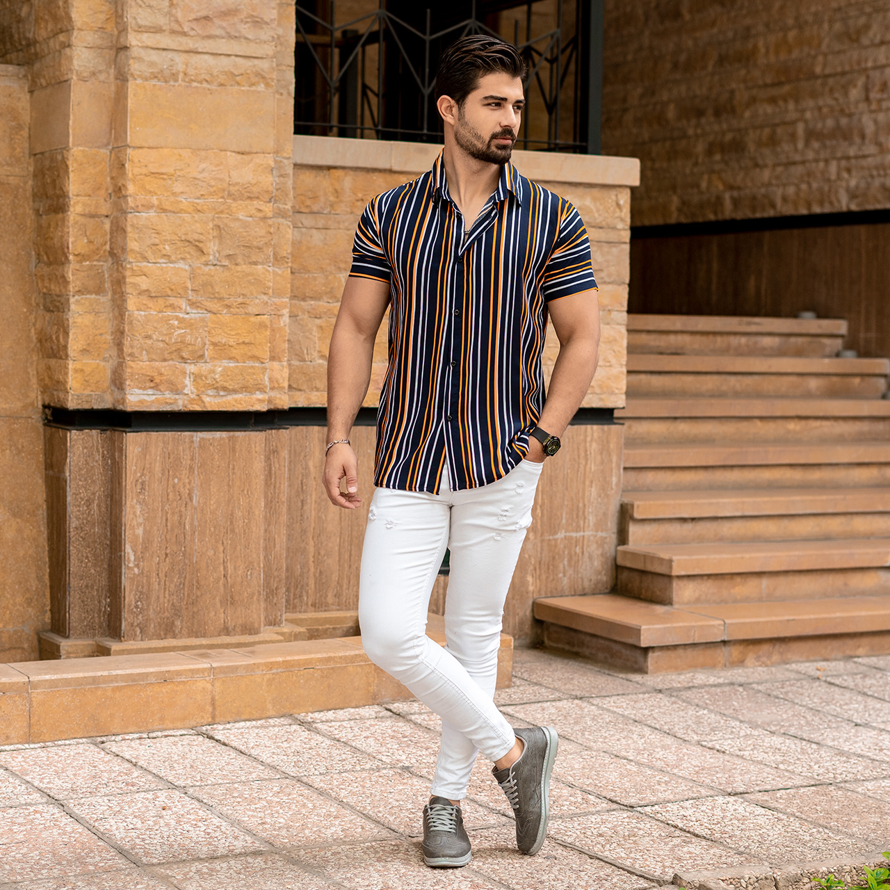 پیراهن هاوایی مردانه راه راه مدل P14