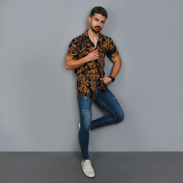 پیراهن هاوایی مردانه طرح گل قهوه ای مدل B72