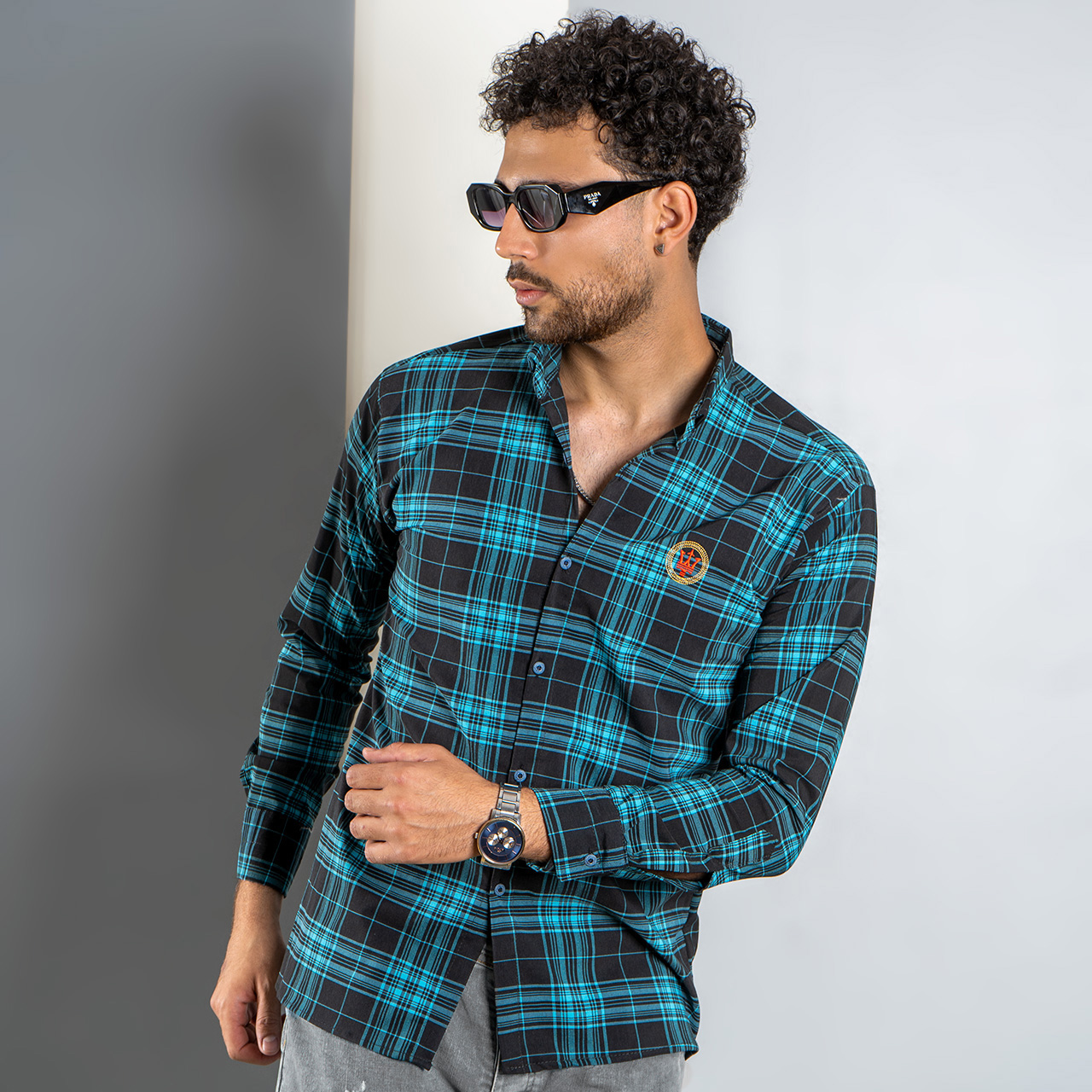 پیراهن چهارخونه سبز مردانه مدل Eyva