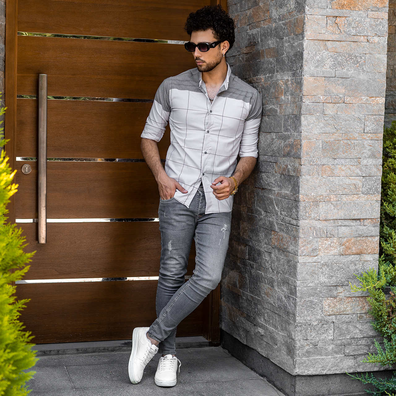 پیراهن مردانه طوسی دو رنگ مدل B15