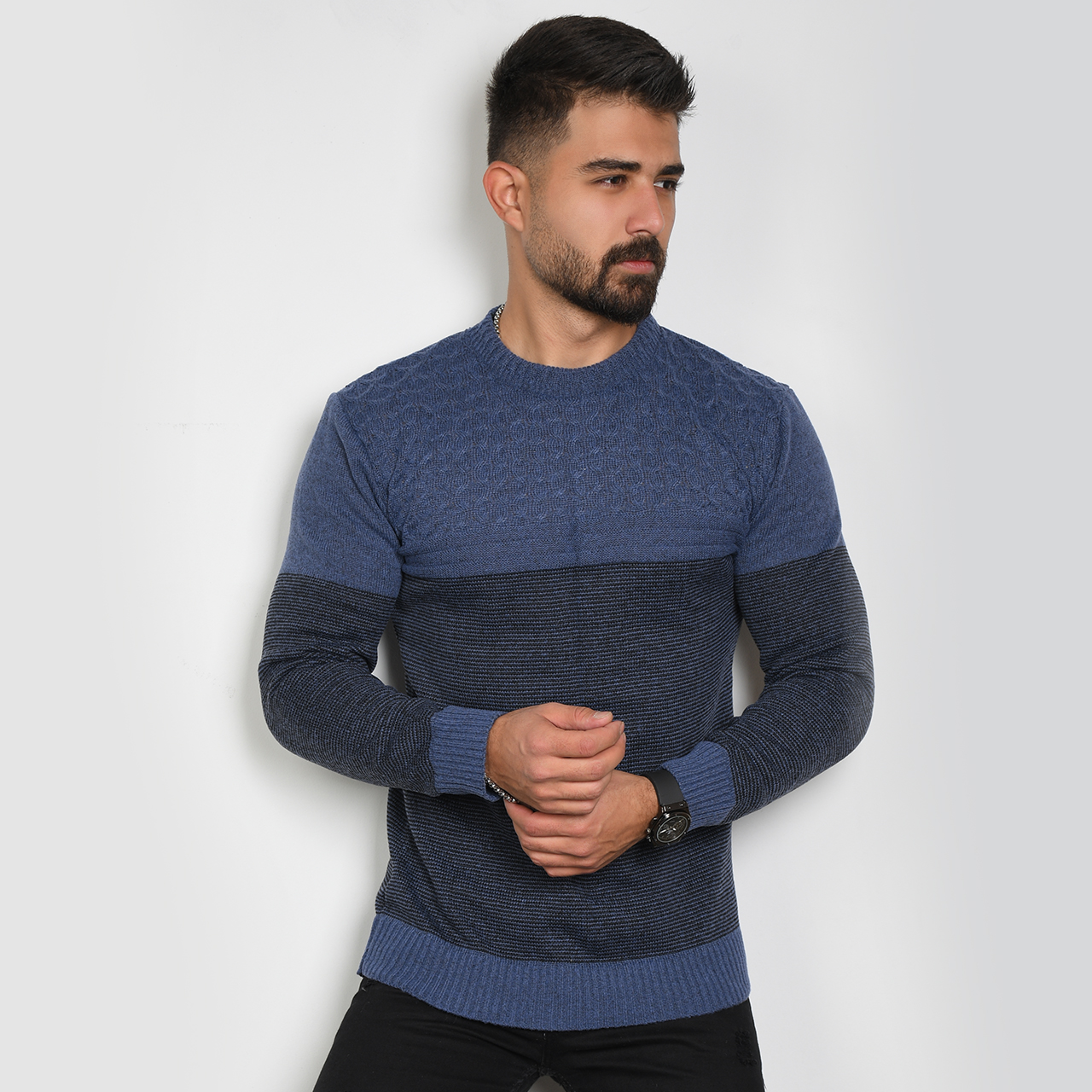پلیور مردانه راه راه سرمه ای مدل navid