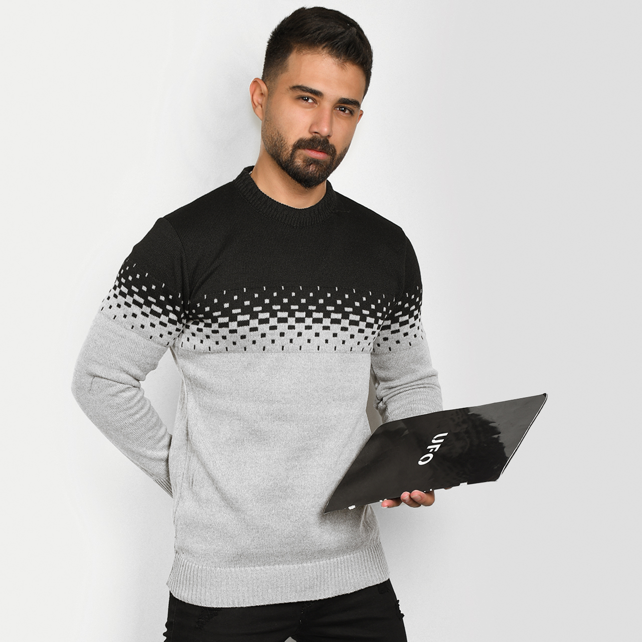 پلیور مردانه دو رنگ طوسی مشکی مدلShatel