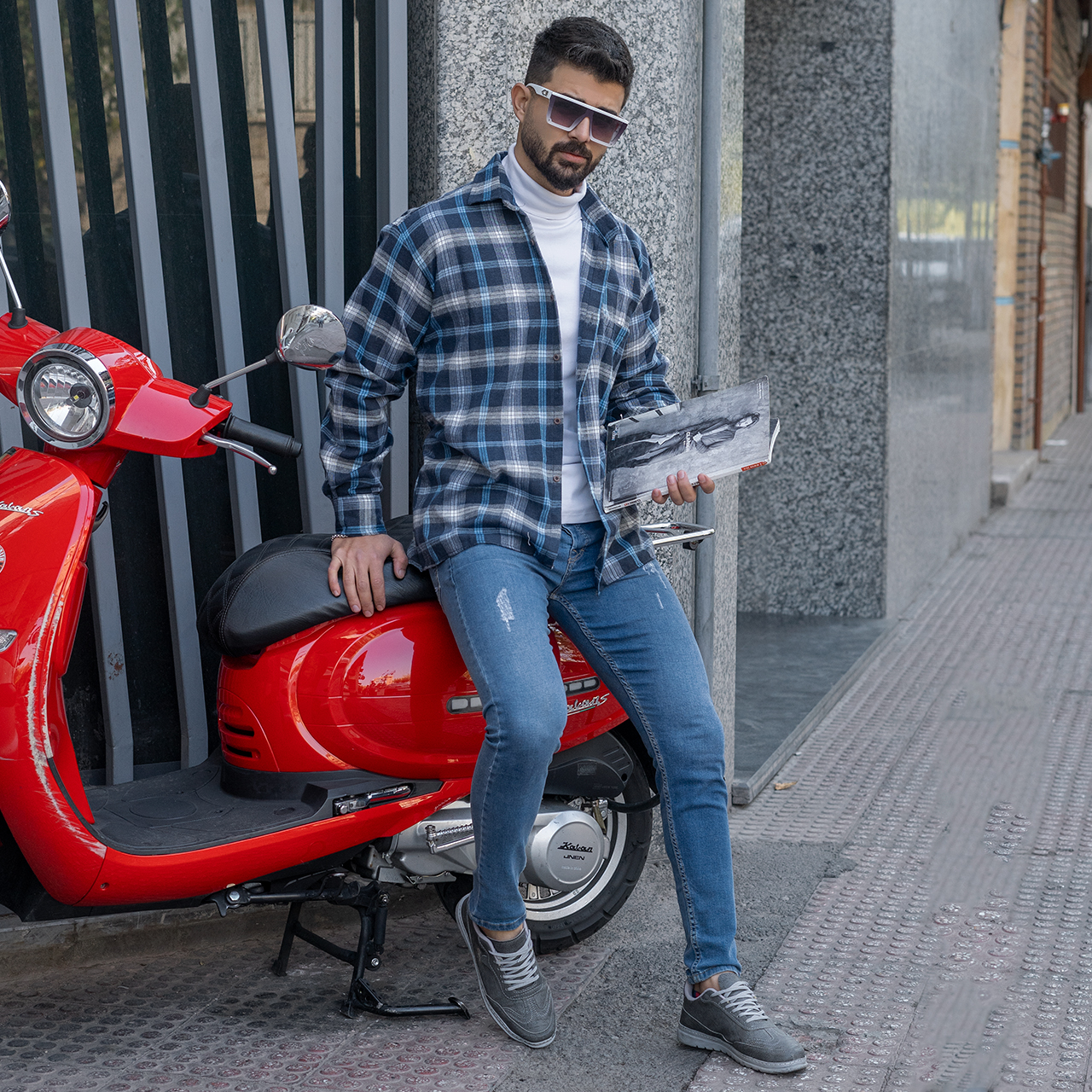 پیراهن مردانه چهارخونه آبی مدل BEHRAD