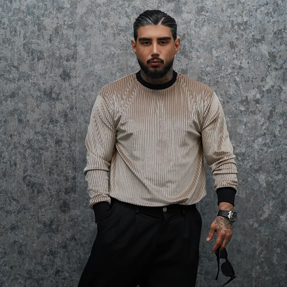 تیشرت آستین بلند کرم مردانه مدل Behrouz