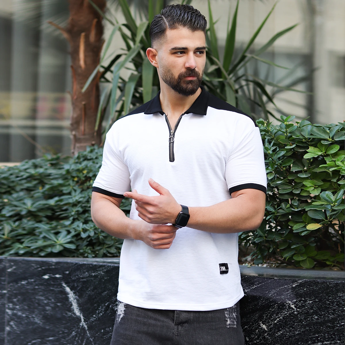 تیشرت مردانه یقه زیپ دار سفید مدل Radon