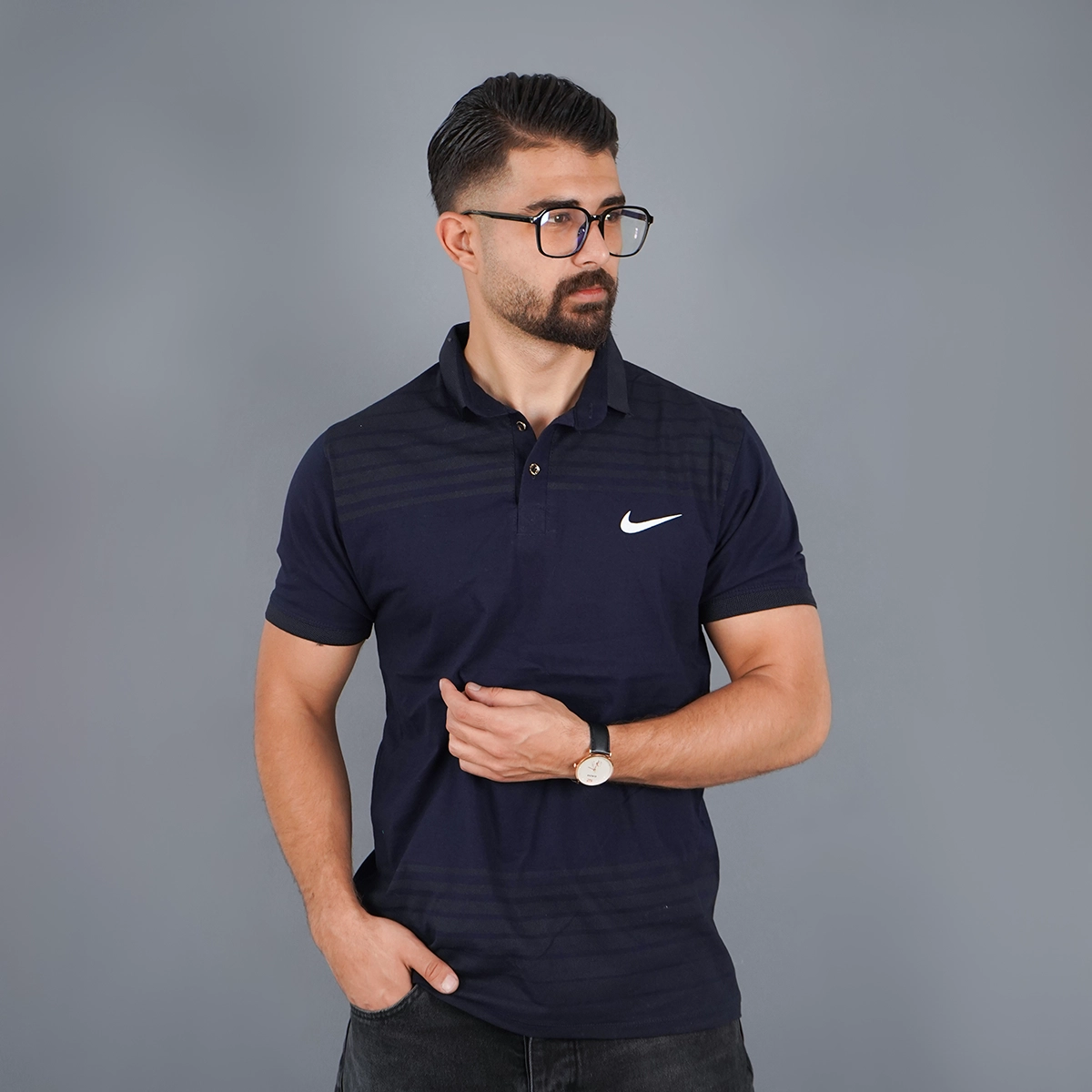 تیشرت یقه دار راه راه سرمه ای مدل Farhan