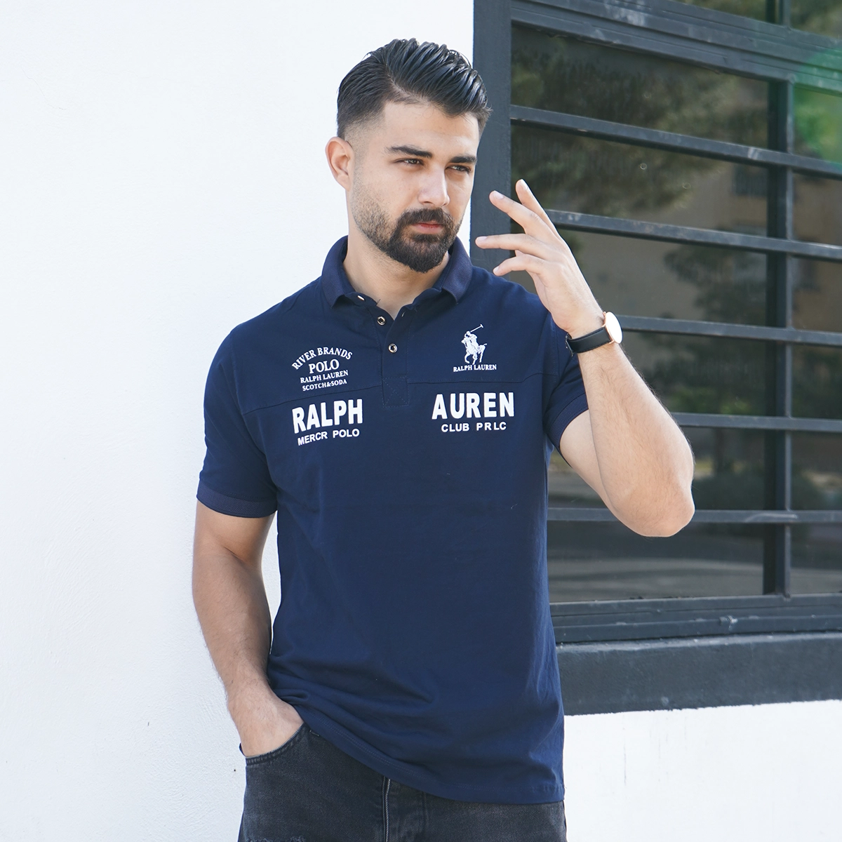 تیشرت یقه دار سرمه ای مردانه مدل Ralph