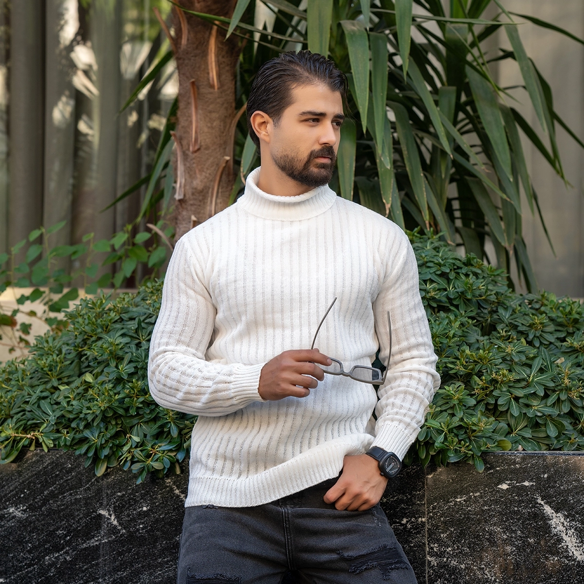پلیور مردانه سفید طرح خطی مدل Arban
