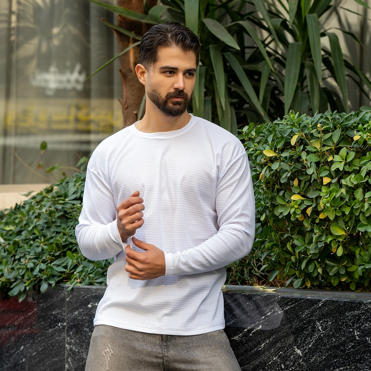 تیشرت آستین بلند مردانه سفید مدل ARSALAN