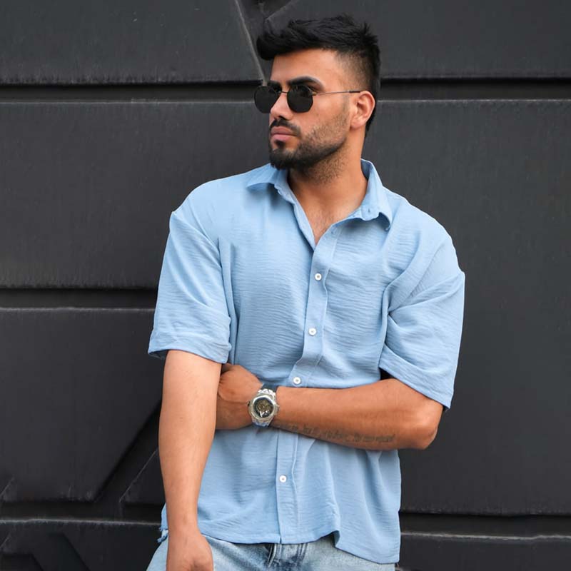 پیراهن آستین کوتاه آبی روشن مردانه مدل باکسی