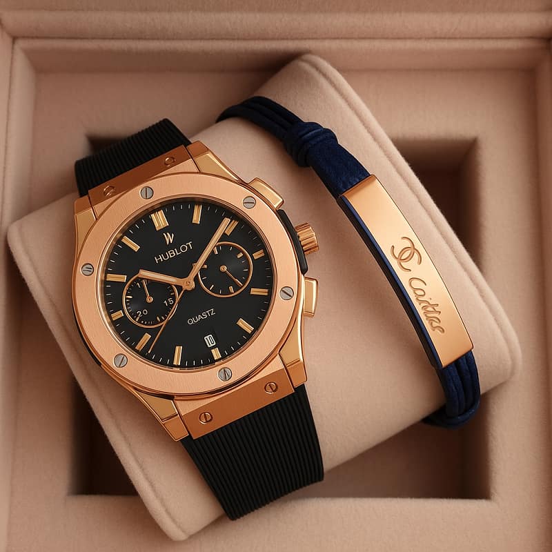 پکیج دستبند پلاک دارساعت مچی Hublot طلایی مدل C70