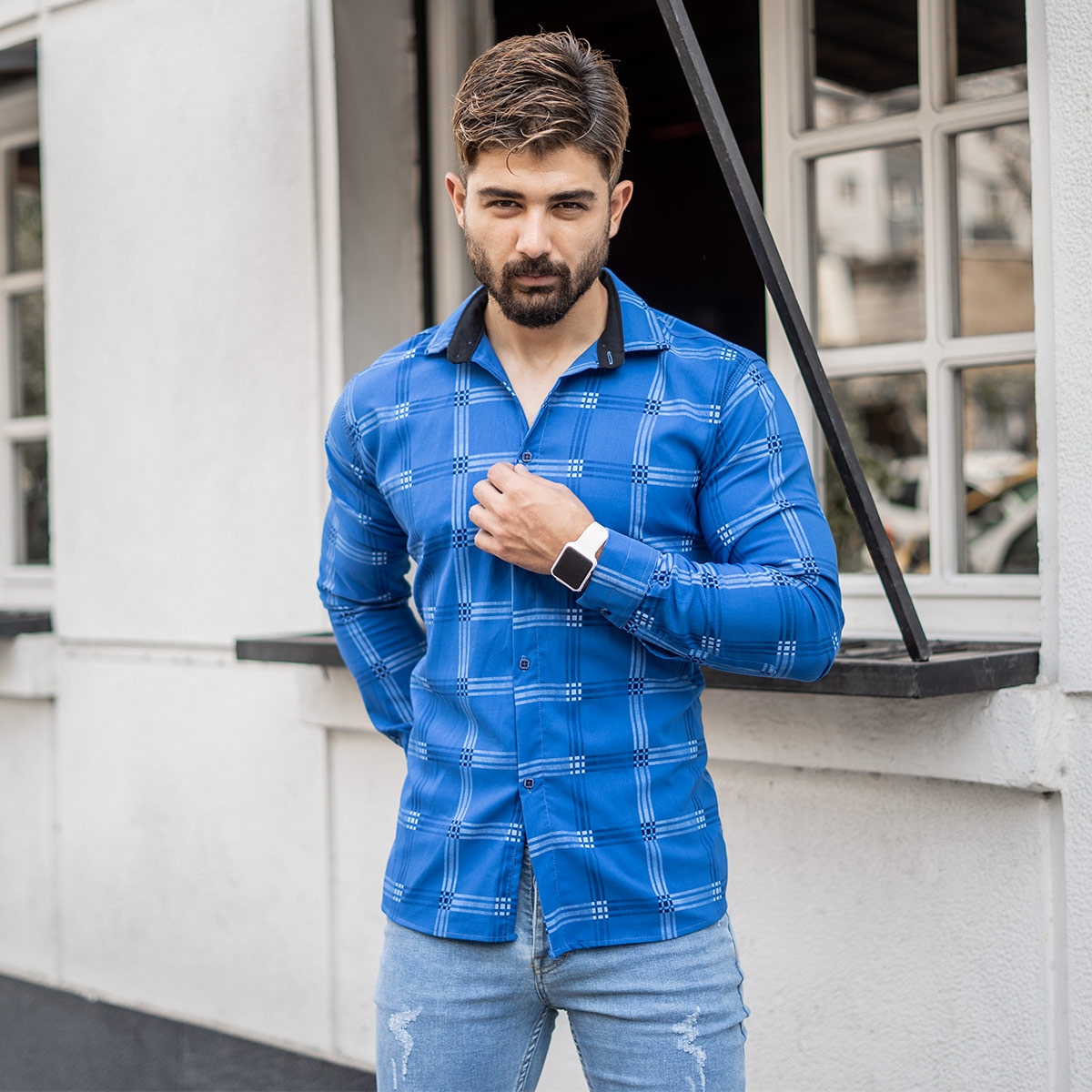 پیراهن چهار خونه آبی روشن مردانه مدل Siyam